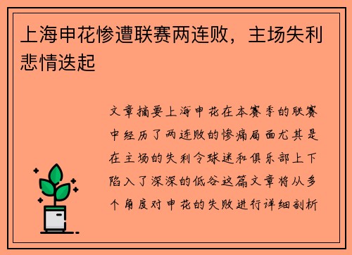 上海申花惨遭联赛两连败，主场失利悲情迭起