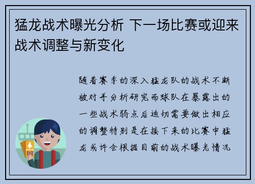 猛龙战术曝光分析 下一场比赛或迎来战术调整与新变化